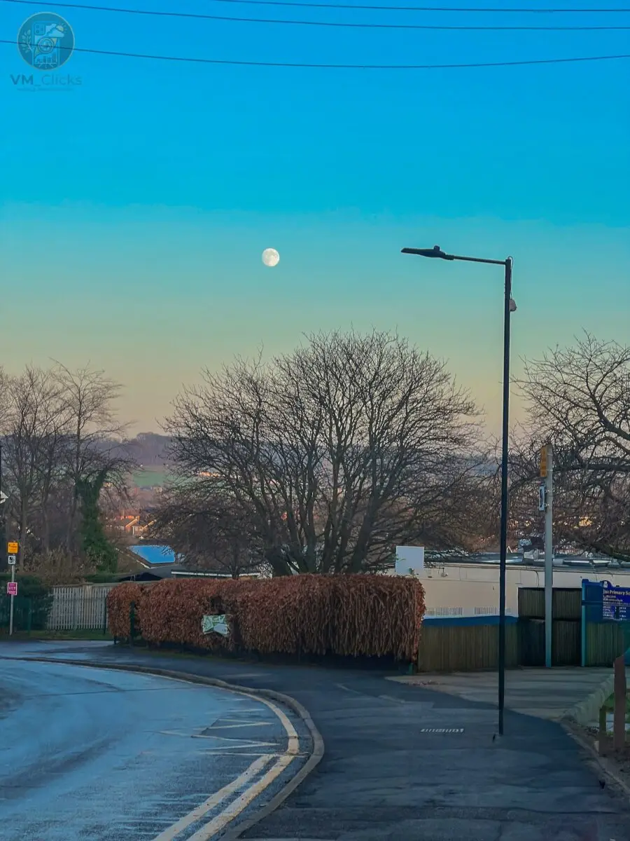 Daytime moon visible in a clear blue sky above winter trees and rooftops in Mexborough, South Yorkshire — captured on iPhone 13 Pro and edited in Lightroom Mobile